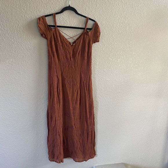 Cleobella Maxi Dress Brown Rust Embroidered Cold Shoulder Tribal Boho XS - Picture 1 of 13